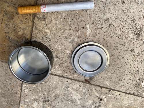 vintage round stainless steel trinket box with  inlaid detail