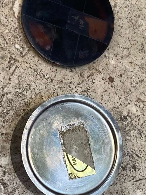 vintage round stainless steel trinket box with  inlaid detail