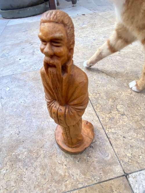 vintage native asian woodcraft wood carving of wise sage man noman shaman sculpture figure signed