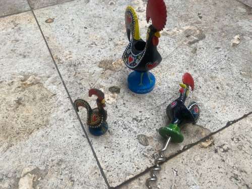 vintage  Rooster  toothpick holder and portuguese rooster corkscrew pair
