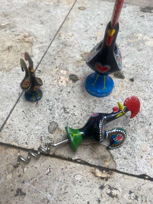 vintage  Rooster  toothpick holder and portuguese rooster corkscrew pair