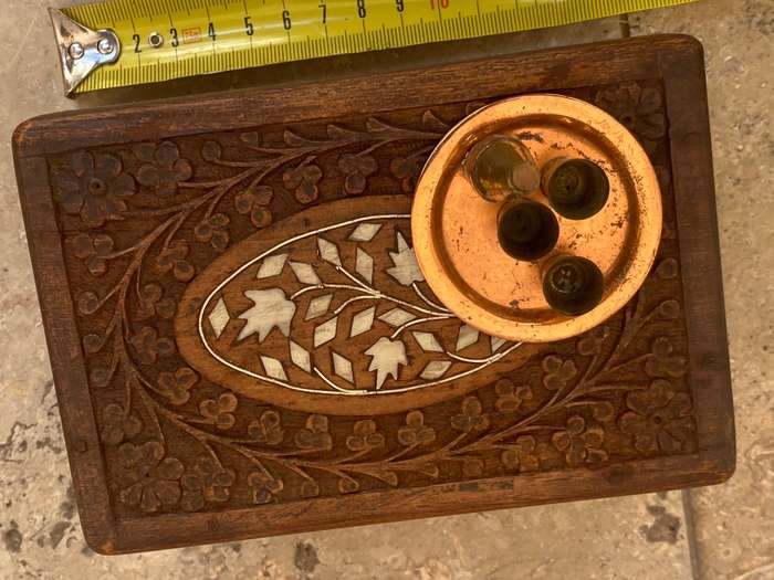 Brass dollhouse miniature bottle tray and cups ASC brass Rhodesia in vintage inlaid trinket box