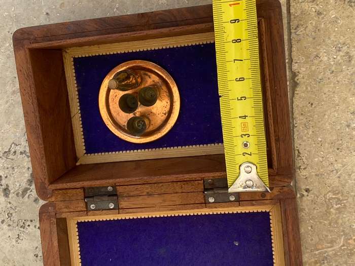 Brass dollhouse miniature bottle tray and cups ASC brass Rhodesia in vintage inlaid trinket box
