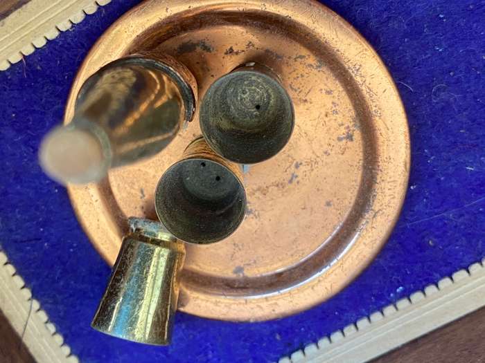 Brass dollhouse miniature bottle tray and cups ASC brass Rhodesia in vintage inlaid trinket box