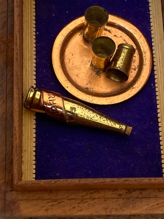 Brass dollhouse miniature bottle tray and cups ASC brass Rhodesia in vintage inlaid trinket box