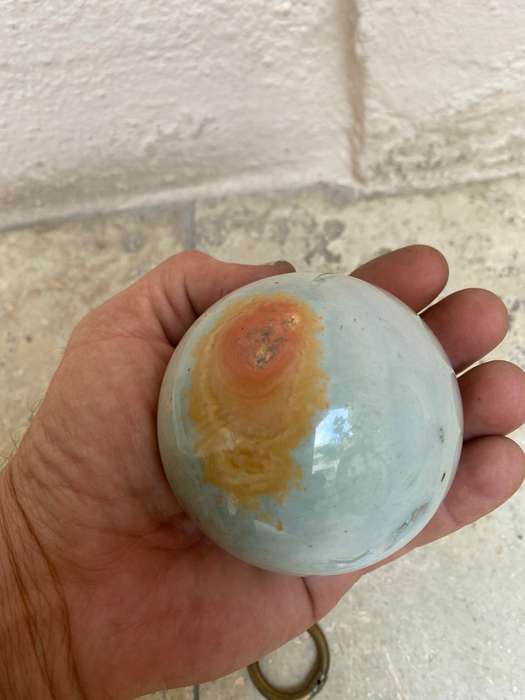 Jasper Polished precious stone sphere 8 cm diameter 24 c, circumference on carved wood base
