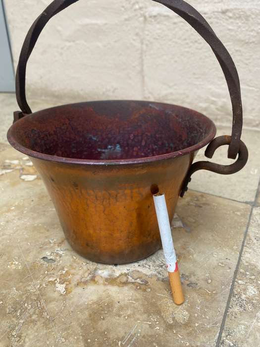 vintage hammered copper cauldron planter with wrought iron handle