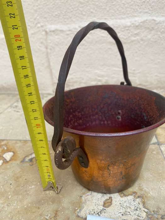 vintage hammered copper cauldron planter with wrought iron handle