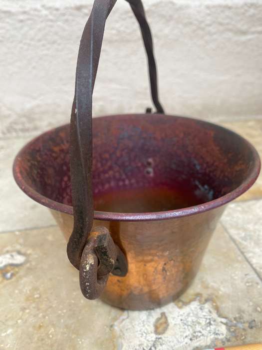 vintage hammered copper cauldron planter with wrought iron handle