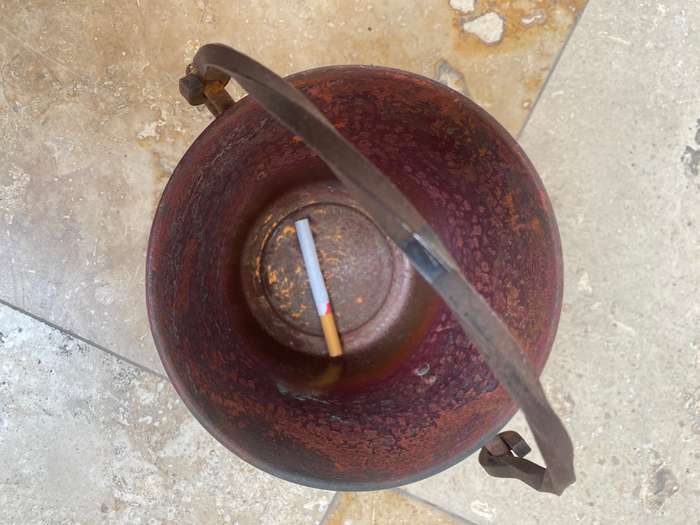 vintage hammered copper cauldron planter with wrought iron handle