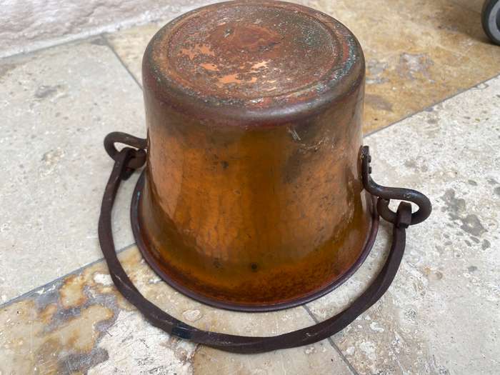 vintage hammered copper cauldron planter with wrought iron handle
