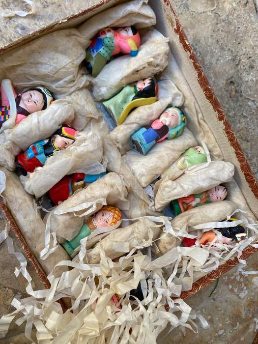 Vintage Chinese figurine lot of 12 in national outfits , clay and hand painted in box