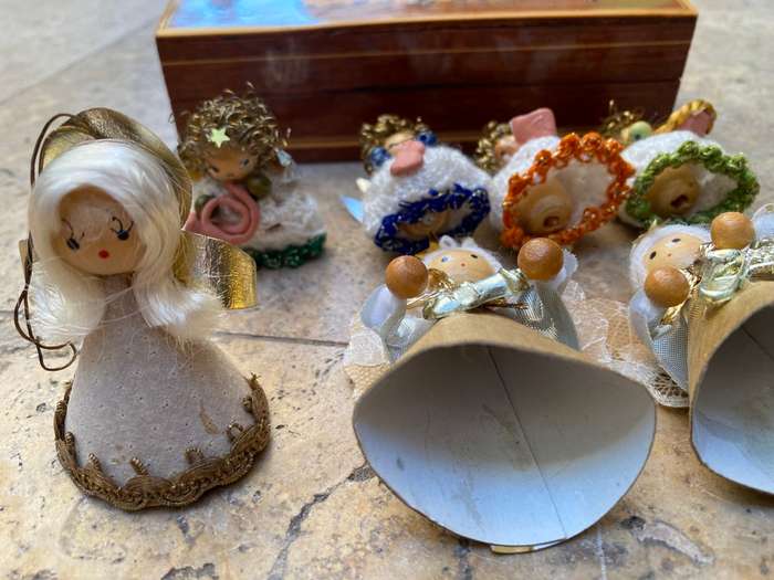 Vintage German Xmas decoration lot of 8 hand made in trinket box