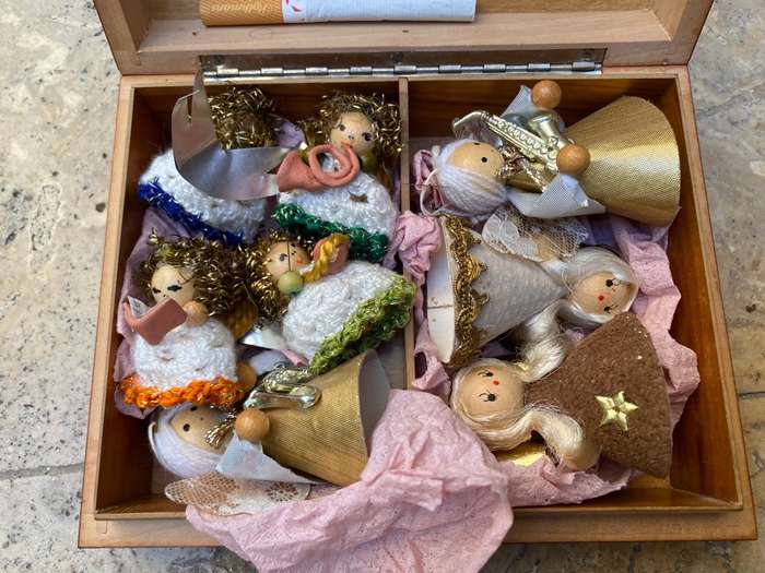 Vintage German Xmas decoration lot of 8 hand made in trinket box
