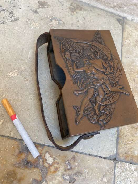 Antique copper bible box angelic three dimensional with leather strap