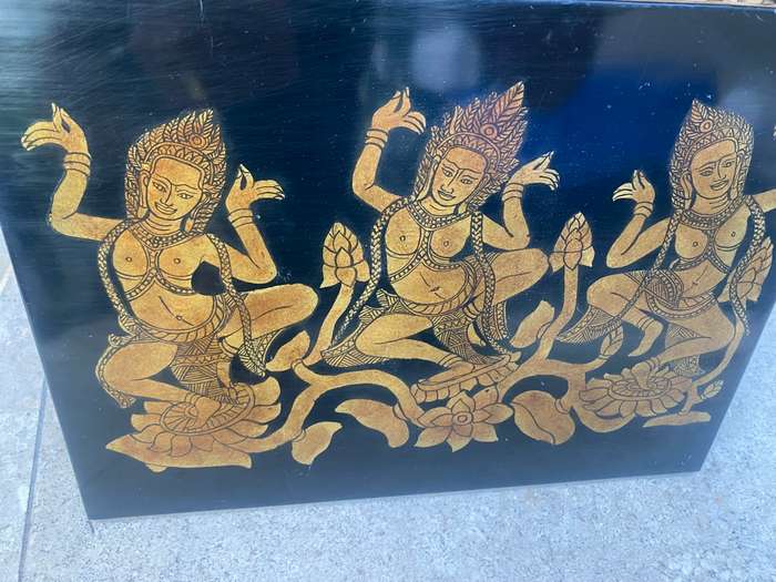 Indian hindu apsaras lotus gold lacquer plaque wall hanging