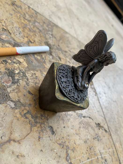 Pewter fairy angel on brass pedestal ashtray myth and magic trinket box
