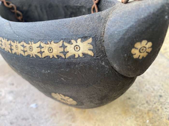Antique wood carved bowl with inlaid detail pacific islands