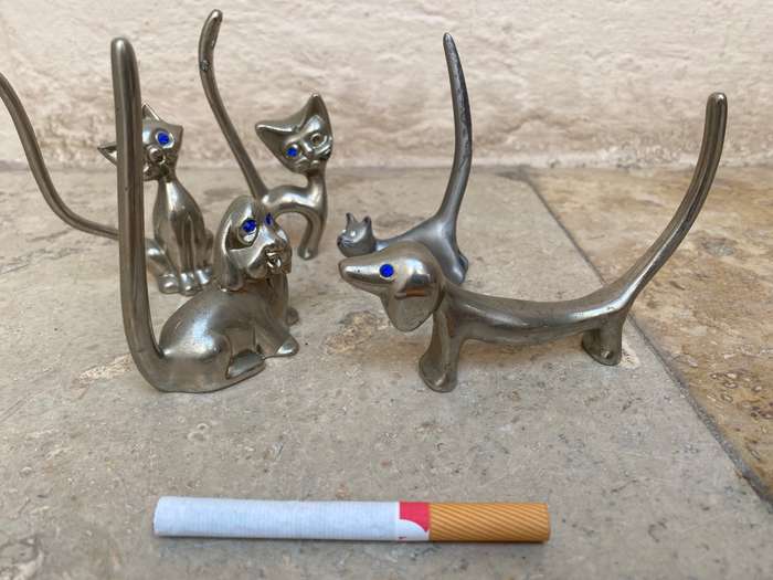 Silver pewter cat dachshund dog ornament`s with friends lot of 5 Crystal eyes