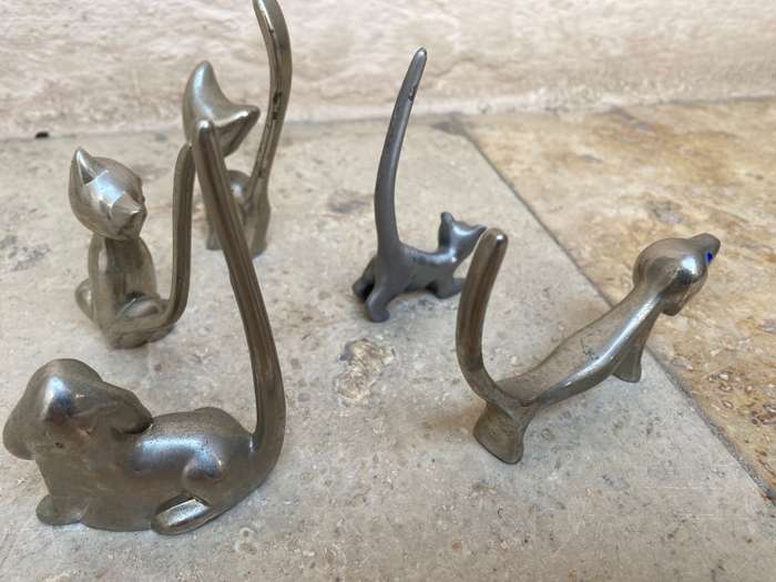 Silver pewter cat dachshund dog ornament`s with friends lot of 5 Crystal eyes