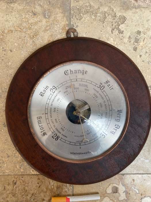 Vintage Weathermaster barometer solid round wood 24cm