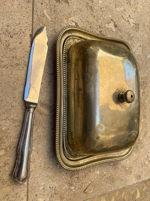 Vintage butter dish silver plate with butter knife Harrison Bros & Howson