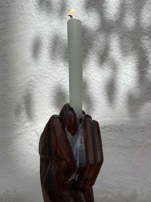 Vintage wood Indian totem hand statue candle holder
