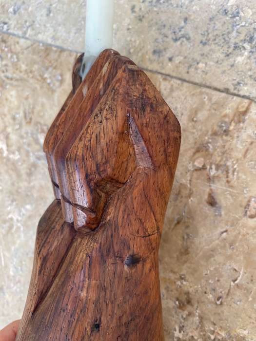 Vintage wood Indian totem hand statue candle holder