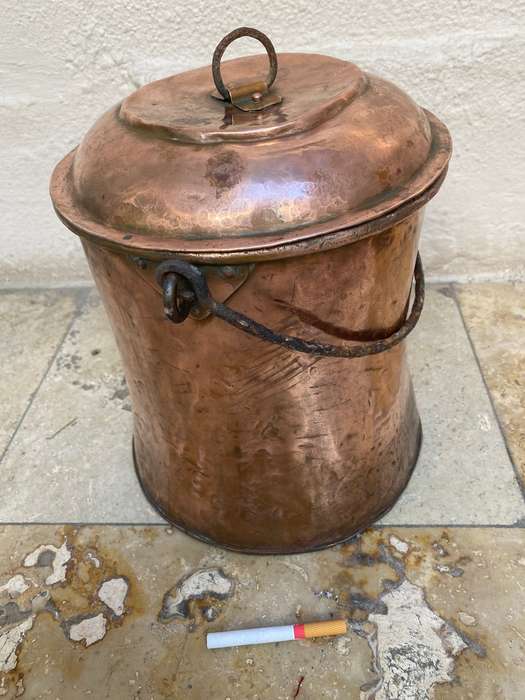 Antique large copper cauldron bail handle wrought iron pot + lid