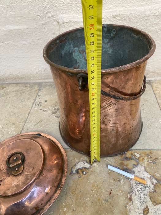 Antique large copper cauldron bail handle wrought iron pot + lid