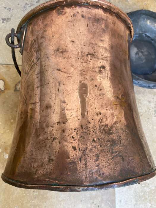 Antique large copper cauldron bail handle wrought iron pot + lid