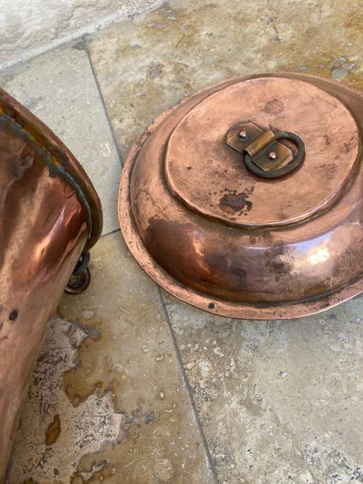 Antique large copper cauldron bail handle wrought iron pot + lid