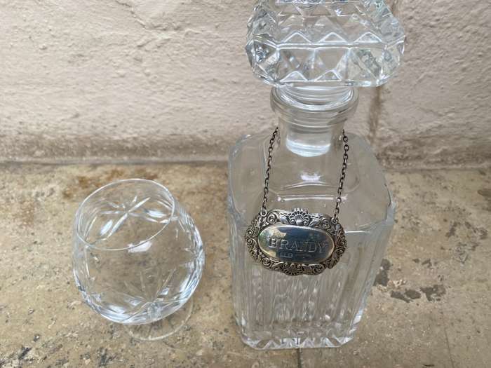 WATERFORD CRYSTAL BRANDY BALLOON SNIFFER GLASS  Sterling silver brandy label lead crystal decanter