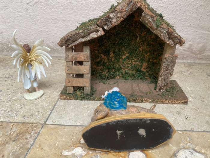 Fontanini religious flight to safety nativity figure no 460 with Schleich angel figure pvc wood barn