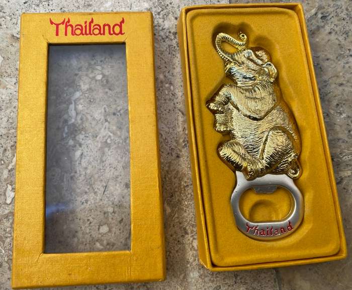 Vintage trunk up elephant wood figure & magnet bottle opener Thailand pair