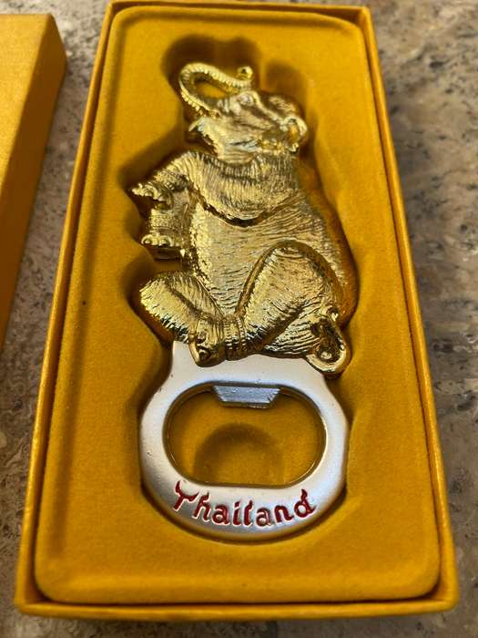 Vintage trunk up elephant wood figure & magnet bottle opener Thailand pair