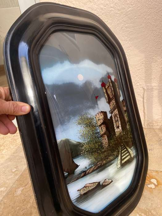 Antique Wall Wood Convex glass Reverse art Painted Castle by the Danube