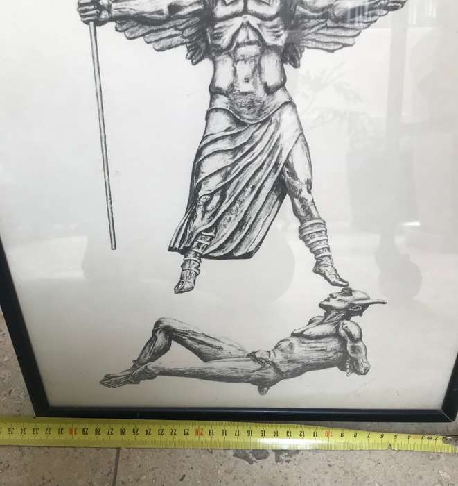 St Michael the Archangel Defeats the devil religious wall hanging Andrew M Gibbons 1982