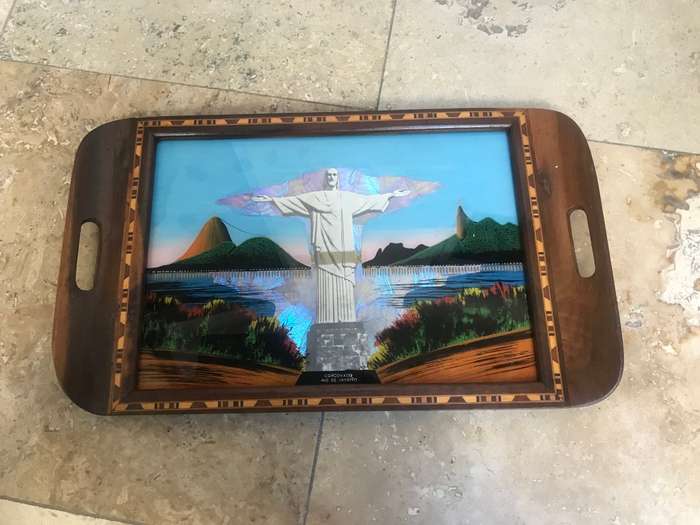 Vintage Christ the redeemer reverse painted butterfly tray wood inlay art Brazil