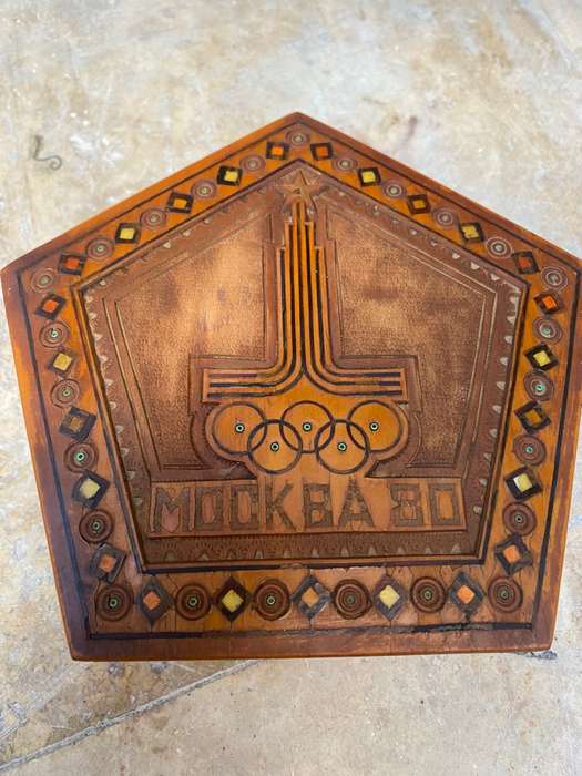 Vintage Moscow Russia olympics 1980 hexagon wood inlay jewellery box