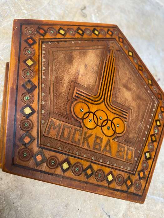 Vintage Moscow Russia olympics 1980 hexagon wood inlay jewellery box