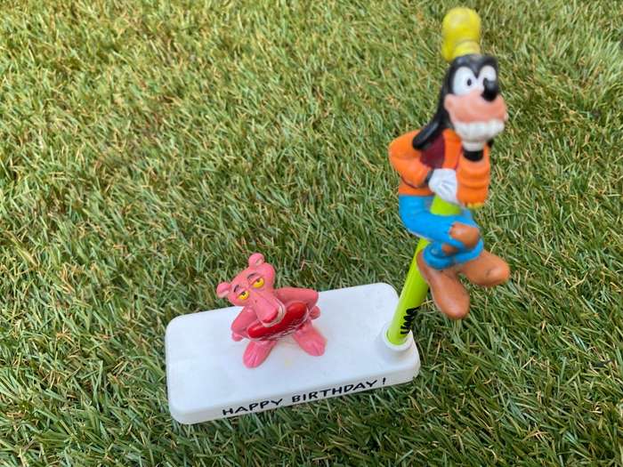 Vintage bully pink panther pen holder + goofy Disney pencil topper 80s with pencil