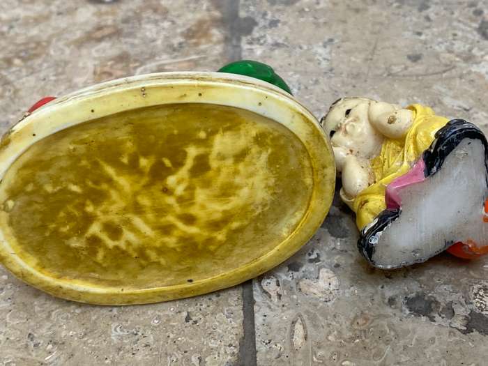 Vintage celluloid Japan miniature scene elders playing with resin baby Buddha