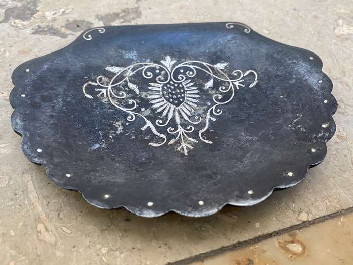 Antique vintage silver ring footed dish Indian Bidri art work inlaid silver on pewter