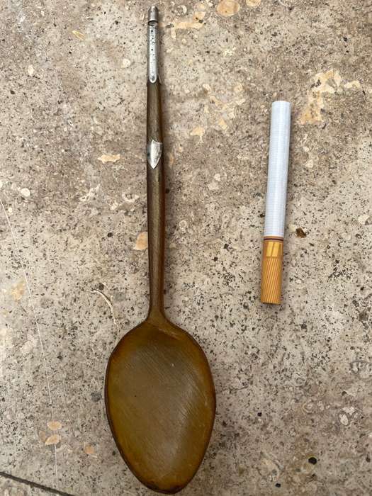 Antique cow horn whistle spoon with Sterling silver detail , tlc