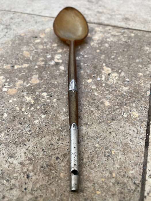 Antique cow horn whistle spoon with Sterling silver detail , tlc