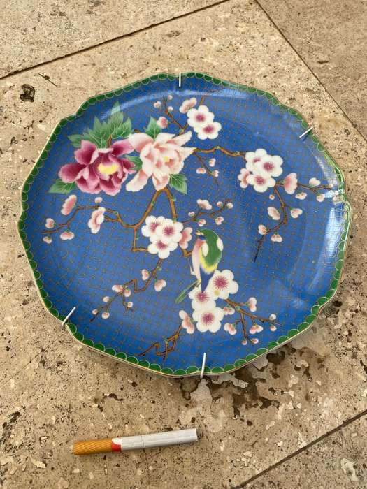 Japanese blue plate cherry blossoms + bird gold rim Japan mark