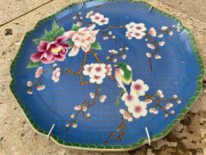 Japanese blue plate cherry blossoms + bird gold rim Japan mark