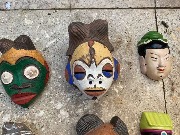 Vintage tribal wall hanging  and Asian clay small mask lot of 7