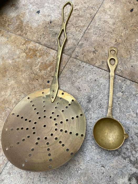 Vintage large Brass Strainer skimmer ladle Spoon and brass gravy ladle pair
